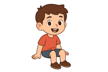 Cheerful cartoon boy sitting down happily with a big open mouth smile