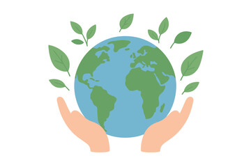 Caring hands holding the planet Earth surrounded by fresh green leaves symbolizing ecology and sustainability