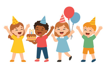 Diverse children celebrating a birthday party with cake, balloons, and festive hats