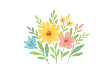 Watercolor style bouquet of colorful spring flowers and green foliage isolated on white background