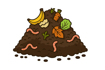 Organic compost heap featuring food scraps, garden waste, and crawling earthworms