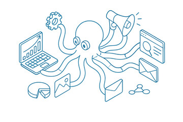 Multitasking octopus handling digital business strategy and communication © Alan