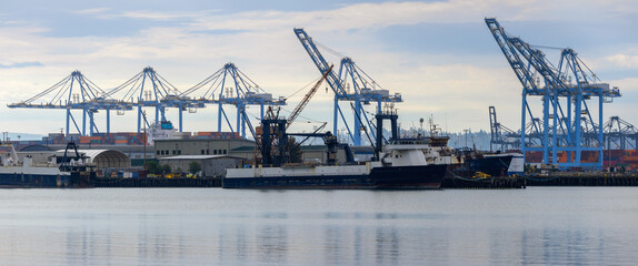 Obraz premium Panoramic view of Port of Tacoma with several heavy duty cranes in the state of Washington.