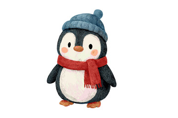 Cute little penguin character wearing a blue pom-pom hat and festive red scarf for winter