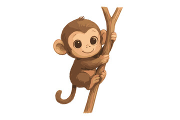 Adorable smiling baby monkey clinging tightly to a brown tree branch isolated on white © Mark
