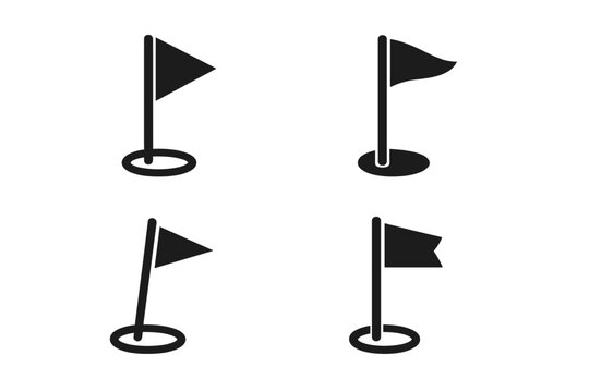 Minimalist black and white golf flag pin in hole icon set for sports interface design