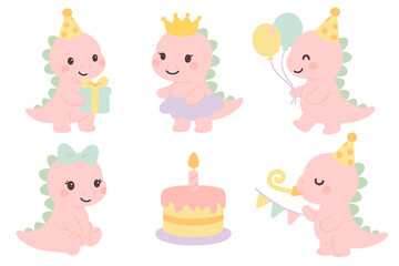 Cute pink dinosaur characters celebrating a birthday party with cake and gifts