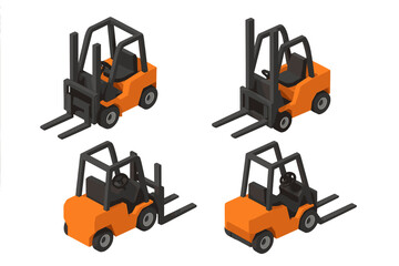 Four isometric views of an industrial forklift truck used for warehouse logistics and cargo transport