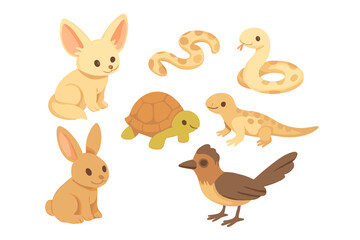 Cute Cartoon Desert Animals Collection: Fennec Fox, Rabbit, Tortoise, Snake, Lizard, Roadrunner
