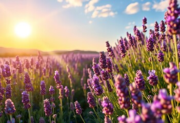 Fototapeta premium Sun-drenched lavender field, fragrant blooms in full harvest, serenity, rural