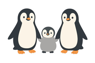 Naklejka premium Happy penguin family portrait with two adults and one small chick holding flippers