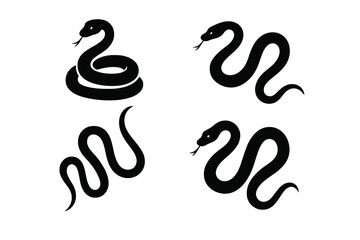 Set of four black snake silhouettes showing different coiled and slithering poses for design projects