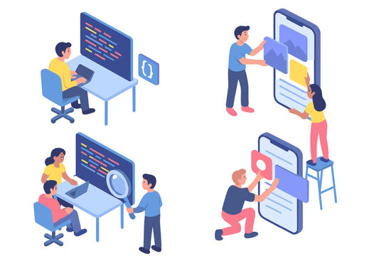 Isometric scenes of software developers coding, debugging, and designing mobile application user interfaces
