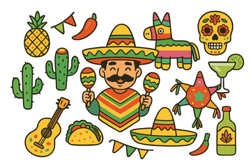 Vibrant set of Mexican fiesta and celebration elements including mariachi, pinatas, and sugar skull
