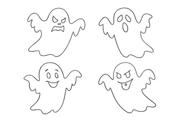 Four spooky cartoon ghosts displaying various emotions for Halloween holiday celebration