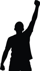 Silhouette of a person with a raised fist in a gesture of protest or victory isolated on white background