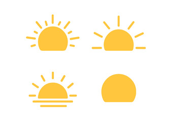 Four simple yellow sun icons set representing sunrise and sunset weather symbols