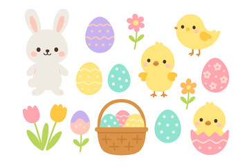 Cute Easter holiday elements set featuring bunny, chicks, decorated eggs, basket, and spring flowers