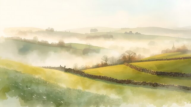 Rolling Fields and Stone Walls Beneath Soft Fog and Leafless Trees