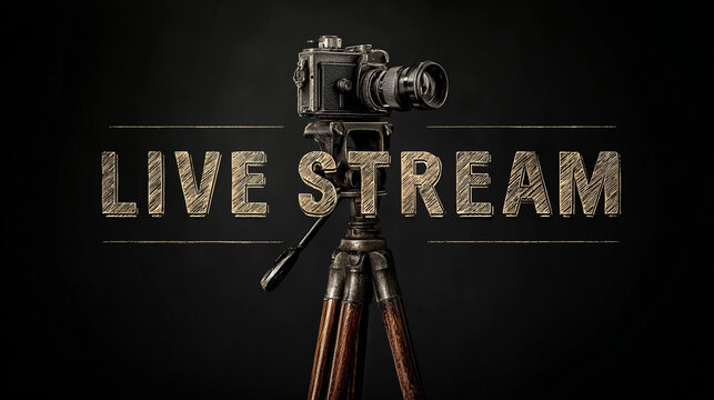 Vintage camera on tripod with live stream text on black backdrop. - Powered by Adobe