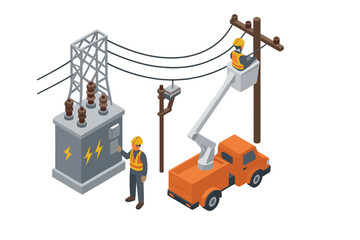 Fototapeta premium Utility workers maintaining power lines and electrical transformer station