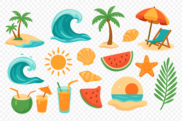 Tropical summer vacation elements set including palm trees, waves, beach chair, sun, and cold drinks