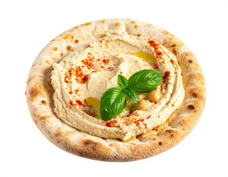 Hummus on pita bread isolated on white background, transparent PNG