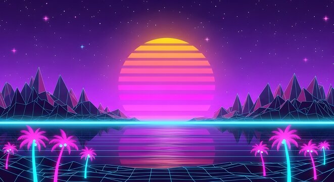 Vibrant digital illustration of a neon-lit tropical landscape with palm trees, a large sunset, and a futuristic grid pattern on a purple and pink background.