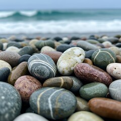 Discover natural beauty with stunning, smooth beach stones glistening near ocean waves, ideal for wellness retreats, nature-inspired designs, or calming visuals