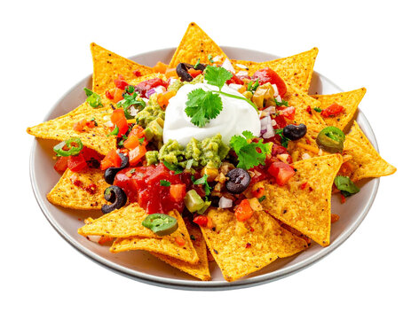 Nachos with toppings isolated on white background, transparent PNG