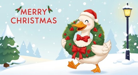 Merry Christmas greeting card featuring a cartoon duck in Santa hat and bow tie holding a wreath. Snowy landscape with trees, snowflakes, and streetlamp. Joyful and festive holiday scene.