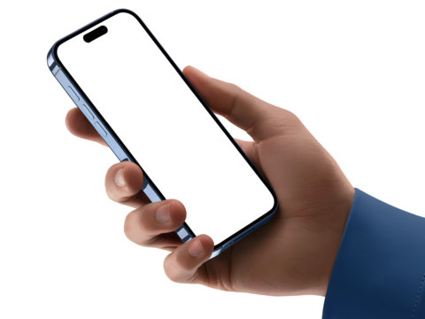 Hand holding a modern smartphone with a blank screen on a black background