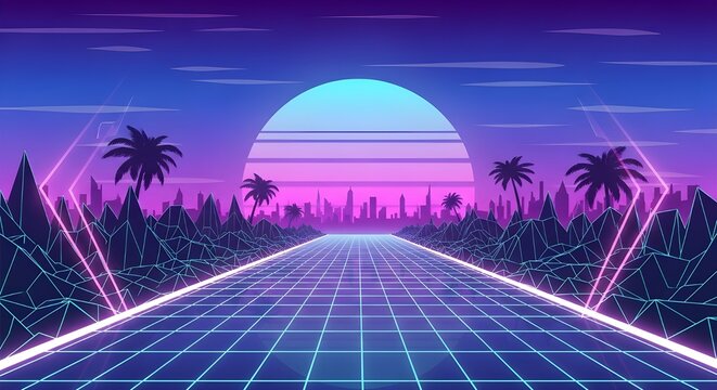 Digital illustration of a futuristic cityscape with a grid road and neon lights leading to a vibrant purple and blue sunset with palm trees in a retro-futuristic landscape.