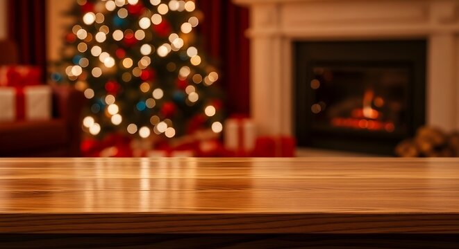 Empty wooden table surface in foreground with a blurred cozy christmas scene featuring a decorated tree and fireplace in the background for product display - Powered by Adobe