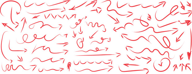 collection of hand-drawn red arrows, sketched in a doodle or crayon style. 