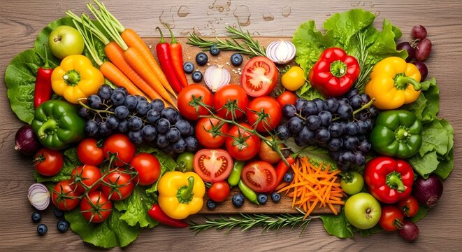 Vibrant assortment of fresh, colorful fruits and vegetables, including grapes, tomatoes, carrots, and bell peppers, artfully arranged on a wooden cutting board for a healthy eating concept