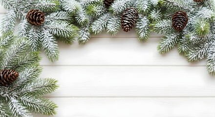 Festive winter border frame made of snowdusted evergreen fir tree branches and natural pine cones across the top edge against a bright white wooden plank background for holiday greeting card
