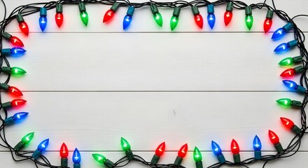 Colorful christmas string light frame creating a border around a white wooden plank background, perfect for holiday message or festive copy space