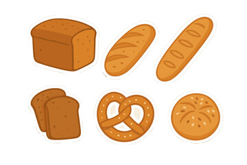 Assortment of baked bread and pastry icons presented as stickers