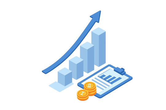 Isometric bar chart with upward trend arrow and coins on clipboard