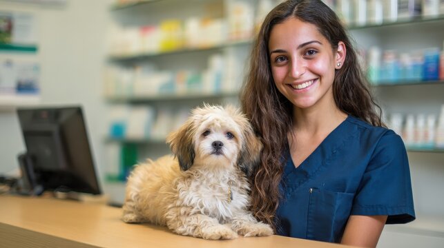 Young woman veterinarian smiling with small fluffy dog at animal clinic reception in friendly and welcoming atmosphere for pet care services - Powered by Adobe
