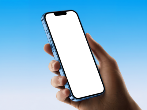 Hand holding a black smartphone against a blue sky background