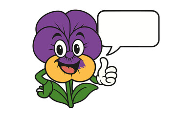 Happy pansy flower mascot giving thumbs up gesture with blank speech bubble
