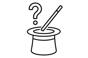 Outline icon of magician hat with question mark and wand