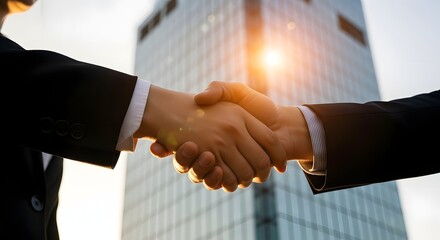 Businessmen and women in suits shaking hands in an office, symbolizing a successful partnership agreement and corporate deal