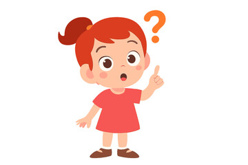Young girl with surprised expression pointing upwards next to question mark