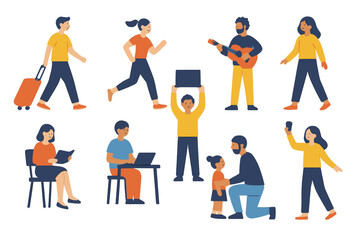 Diverse people performing various daily activities and hobbies in modern life