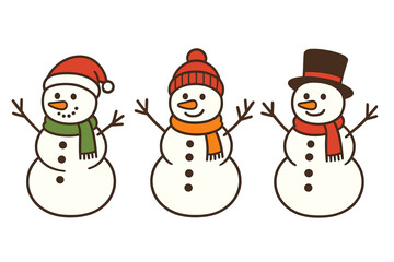 Three cheerful snowmen characters wearing winter hats and scarves