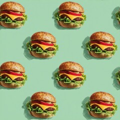 Juicy cheeseburger on mint background, seamless fast food pattern, repeating pattern for packaging, menu design and textiles