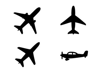 Black silhouette icons of commercial and propeller airplanes